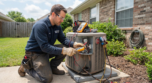 Professional technician inspecting residential AC outdoor condenser unit
