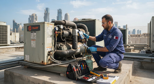 Certified Doha HVAC Technician maintaining high-capacity AC compressor